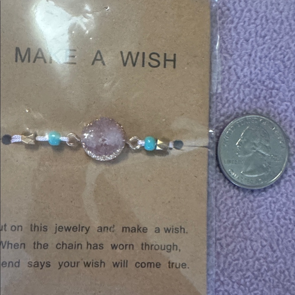 NWT Amethyst crystal “MAKE A WISH” bracelet/anklet. Never opened. Adjustable.